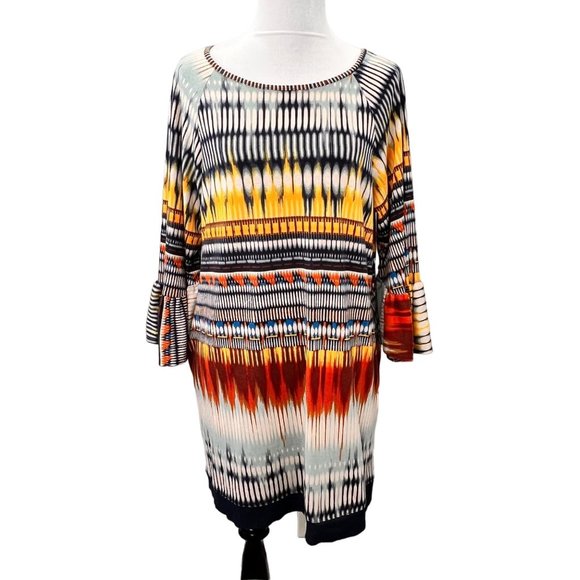 Ivy Jane Dress size L Tie Dye Abstract Ombre Ikat Print Bell Sleeve Boho Loose - Picture 1 of 6
